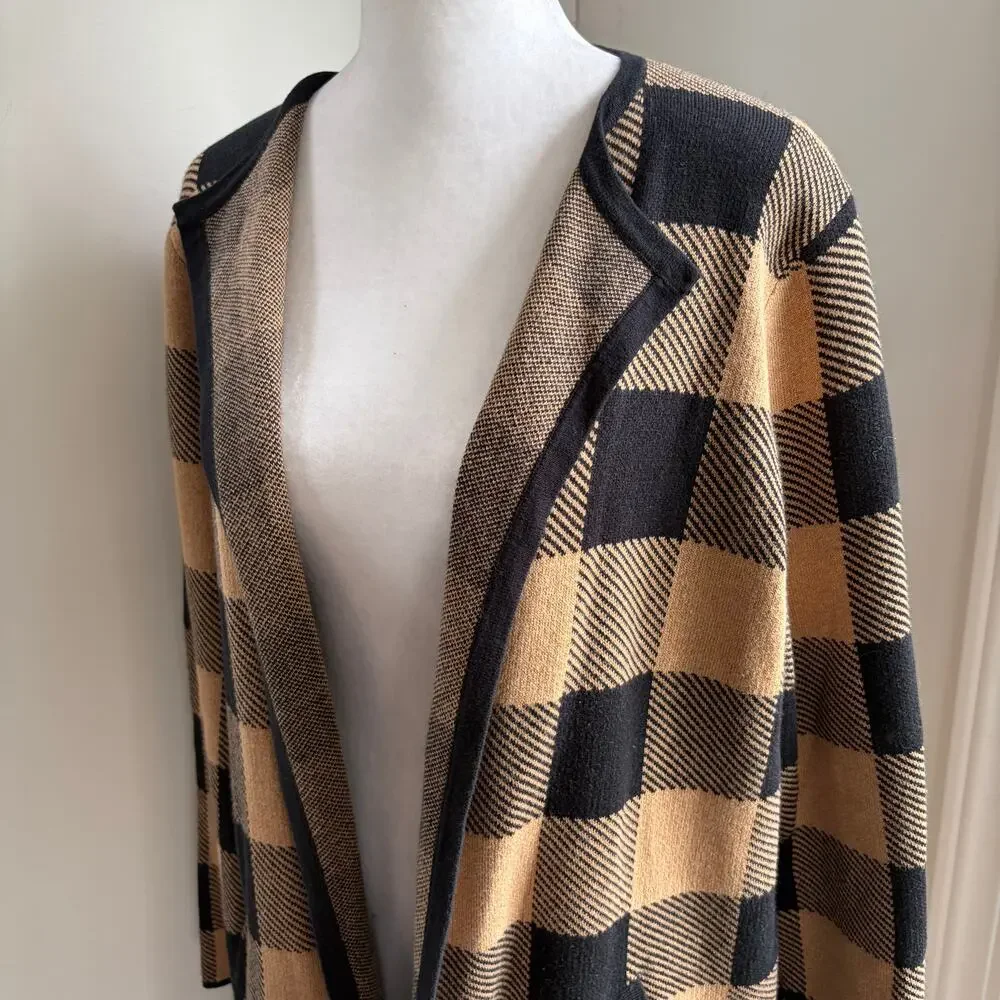J.Crew Plaid Open Front‎ Cardigan Tunic Black Brown Sweater Small Oversized